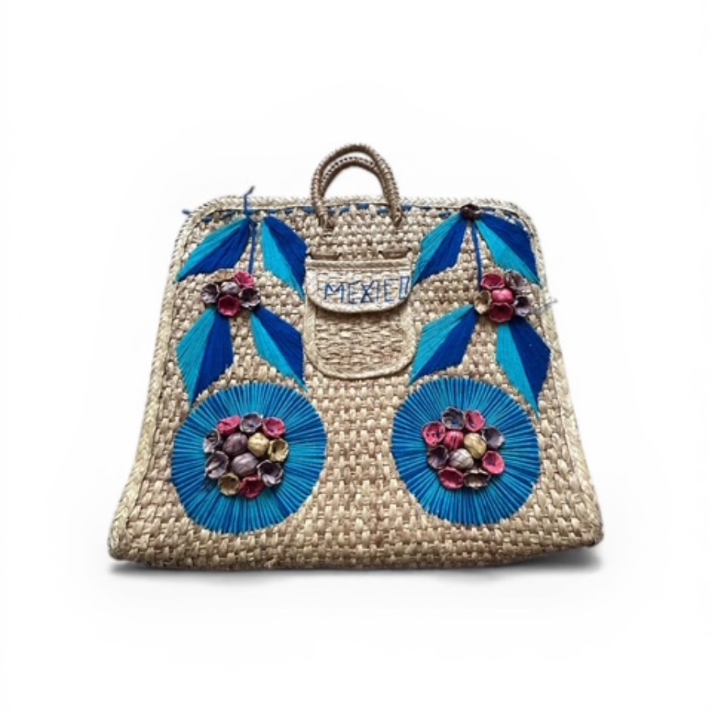 MexiEli Handwoven Mexican Palm Tote Blue Floral Straw Market Bag